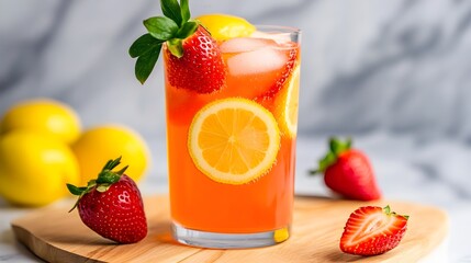 Strawberry Lemonade, Thin slices of strawberries and lemons floating in homemade lemonade for a sweet and tangy drink.
