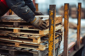 A worker's gloved hands carefully stack wooden pallets on a truck bed, the blurry background suggesting a busy industrial setting.