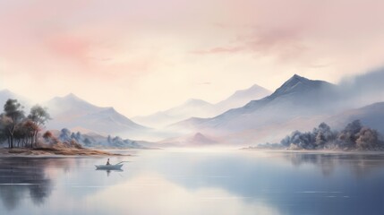 Misty lake with mountain backdrop, peaceful morning scene, soft fog