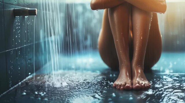 Indulging in a cold shower at a luxurious spa, a woman relaxes and rejuvenates, prioritizing self care and beauty