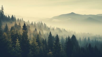 Fototapeta premium Misty landscape with dense fir forest, warm vintage retro style, soft lighting, cool tones, ample copy space