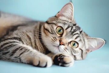 Fototapeta premium Cat lying on its stomach, light blue background