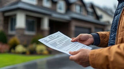 Naklejka premium Close-up of people holding a paper with a foreclosure notice on a house, emphasizing the impact, space for text