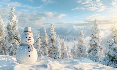 Fototapeta premium Panoramic view of happy snowman in winter secenery with copy space. 