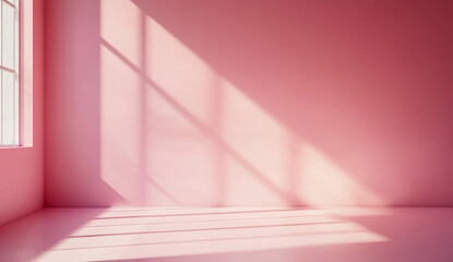 Empty pink room with sunlight shining through window casting shadows on the floor.