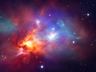 Vibrant Cosmic Nebula with Colorful Light Beams and Starry Background in Deep Space
