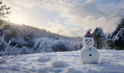 Obraz premium Panoramic view of happy snowman in winter secenery with copy space. 