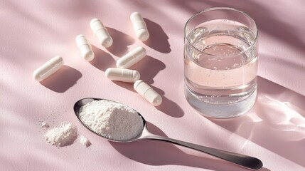 Collagen powder and collagen capsules on pink background