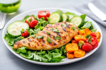 Grilled chicken breast served on a fresh salad with assorted vegetables for a healthy and delicious meal.