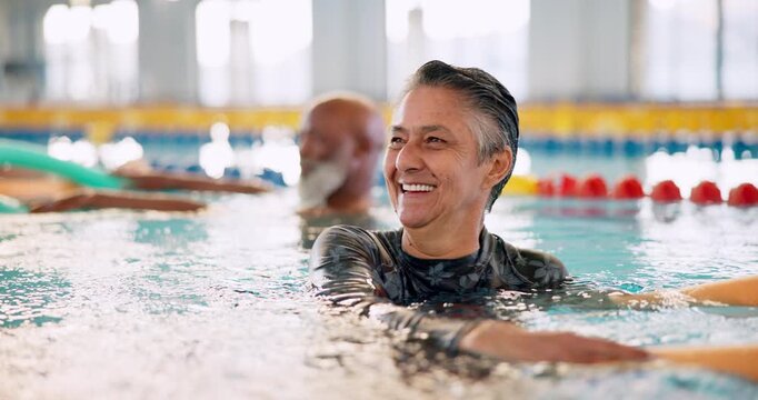 Pool, swimming and senior person, group and happy for fitness, strength and wellness of body with exercise. Gym, old man and smile for workout for physical therapy in water, refreshing and training
