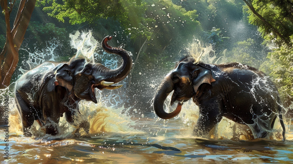 Poster two elephants are joyfully splashing water at each other in a river, surrounded by vibrant trees and