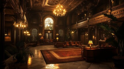 A grand lobby with ornate details, chandeliers, and a plush rug.