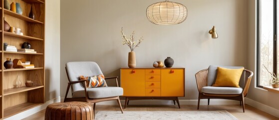 Cozy and stylish mid-century modern living room featuring vintage furniture, vibrant yellow accents, and unique decorative elements, creating a warm and inviting atmosphere.