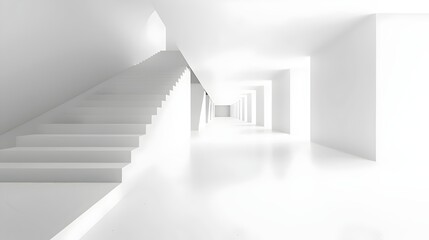 Fototapeta premium Minimalist white interior with a long hallway and staircase, creating a surreal and ethereal architectural space bathed in soft light.