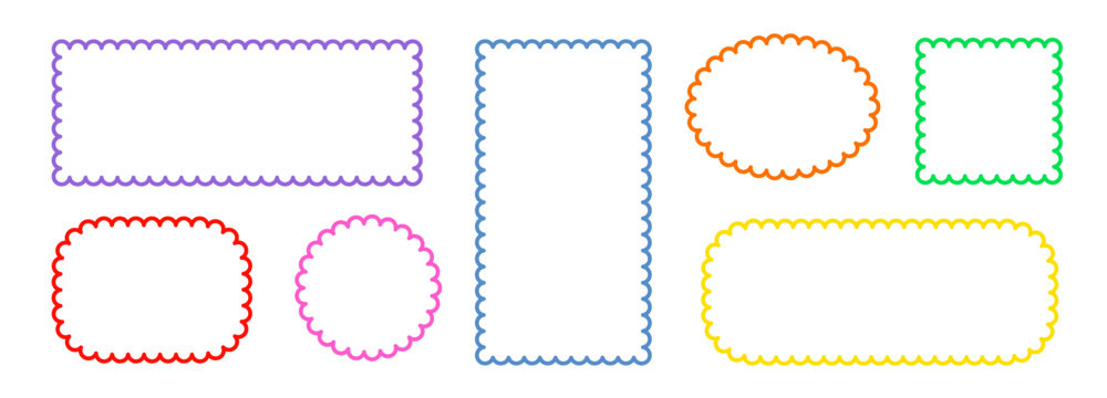 Border frame scallop edge rectangle, oval, round vector shape. Wave scallop squiggle cute simple rectangle border set. Simple wavy squiggly line retro photo picture frame. Vector illustration