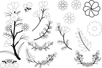 Print, Flower leaf, leaf, black and white, clipart, kawaii, Cute