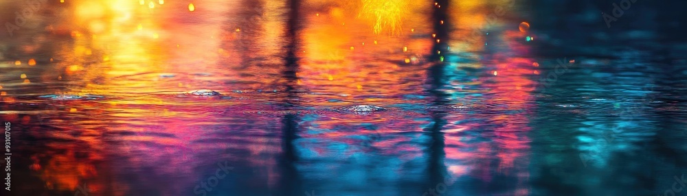 Poster A vibrant reflection of colorful lights on wet surfaces, creating a mesmerizing abstract pattern in soft focus.