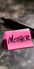 A pink sticky note with the word "MOTHER" written in black marker.
