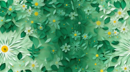 abstract background made from paper cut. A vibrant floral design featuring diverse leaves and blossoms in shades of green, perfect for nature-themed projects.