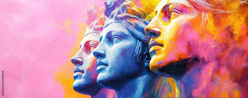 Poster vibrant portrait of three artistic faces emerging from colorful abstract background, representing be