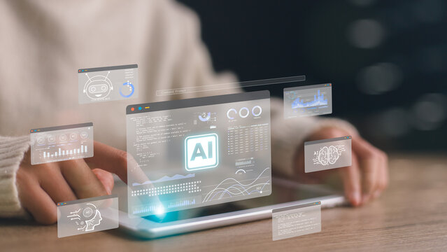 Women use software technology AI to help and support work for chatbot, chat AI, generate images, write code, and data analysis using technology smart robot AI