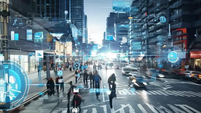 A time-lapse video of a crowded street, with video surveillance, the concept of urban life, business and finance. AI video generation