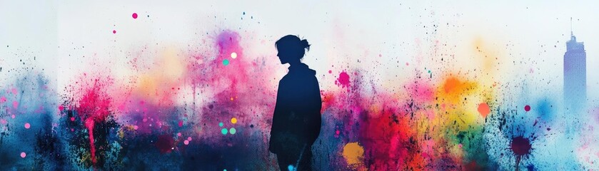 A vibrant silhouette against a colorful backdrop, symbolizing creativity and self-discovery in an artistic world.