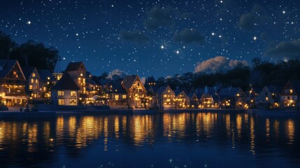 Nighttime Village by the Lake