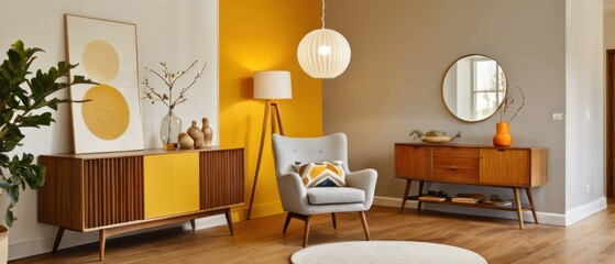 Cozy and stylish mid-century modern living room featuring vintage furniture, vibrant yellow accents, and unique decorative elements, creating a warm and inviting atmosphere.
