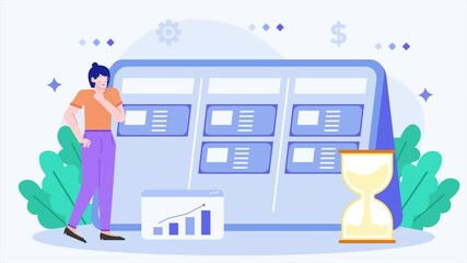 A person stands beside a board displaying data, emphasizing productivity and time management through visual aids and charts illustration business animated video