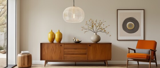 Cozy and stylish mid-century modern living room featuring vintage furniture, vibrant yellow accents, and unique decorative elements, creating a warm and inviting atmosphere.