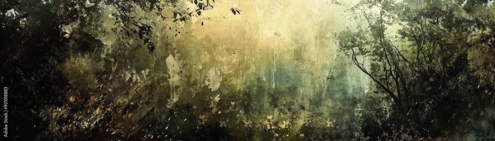 Aufkleber A serene forest scene with soft light filtering through dense foliage, creating a tranquil and mysterious atmosphere.