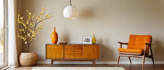 Cozy and stylish mid-century modern living room featuring vintage furniture, vibrant yellow accents, and unique decorative elements, creating a warm and inviting atmosphere.