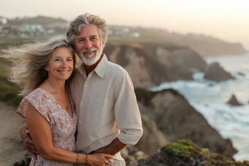 Obraz premium High-resolution brightly lit photorealistic candid photograph of a happiness senior couple standing on a cliff overlooking the ocean, with wind in their hair and a sense of adventure. The photograph