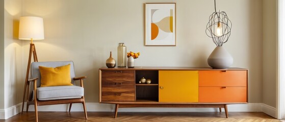 Cozy and stylish mid-century modern living room featuring vintage furniture, vibrant yellow accents, and unique decorative elements, creating a warm and inviting atmosphere.