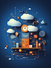 Obraz premium A vibrant digital concept showcasing cloud computing, data flow, and time management with colorful icons and elements.