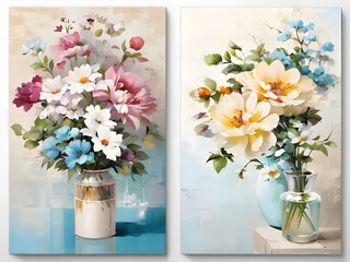 Painting set of flowers in 2 flower vases on the wall