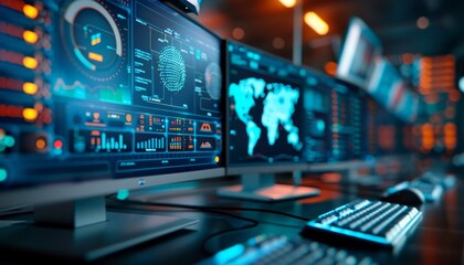 Futuristic Technology Interface - Computer Monitors with Data and World Map