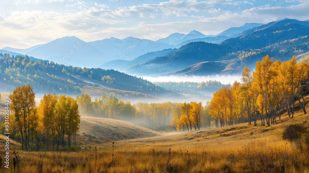 Canvas Prints view of the mountain range in autumn, fog spreads between the hills