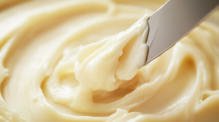 mayonnaise being spread with a knife on a white background. The emphasis is on the sauce’s creamy consistency and sheen
