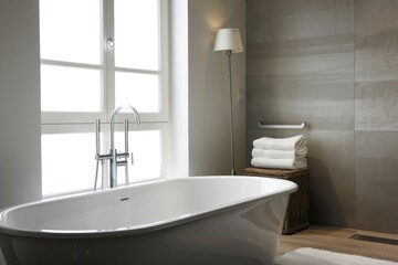Bathroom with a soaking tub, sleek fixtures, and minimalist design