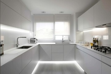 Minimalist white kitchen with cozy breakfast nook, sleek surfaces, and bright lighting