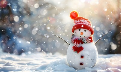 Fototapeta premium Panoramic view of happy snowman in winter secenery with copy space. 