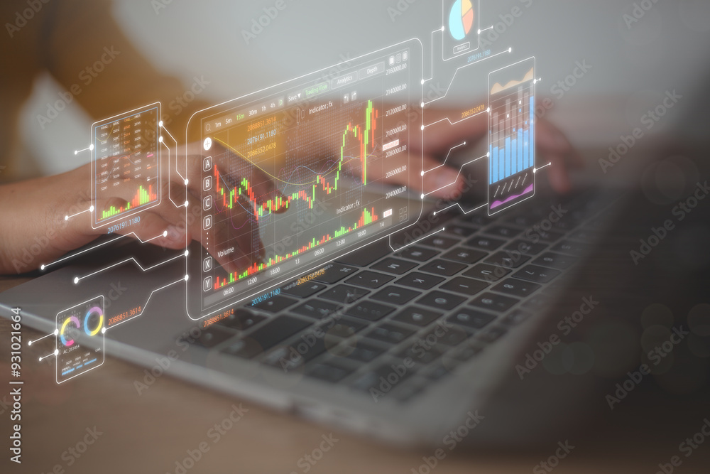 Poster price graph and indicator. stock market investment and cryptocurrency. trader analyzing data on a vi