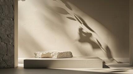 Elegant product display with stone, minimalistic design, and subtle leaf shadows