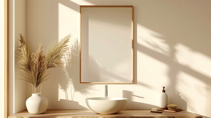 Tranquil bathroom corner featuring a round sink, natural decor, and warm light