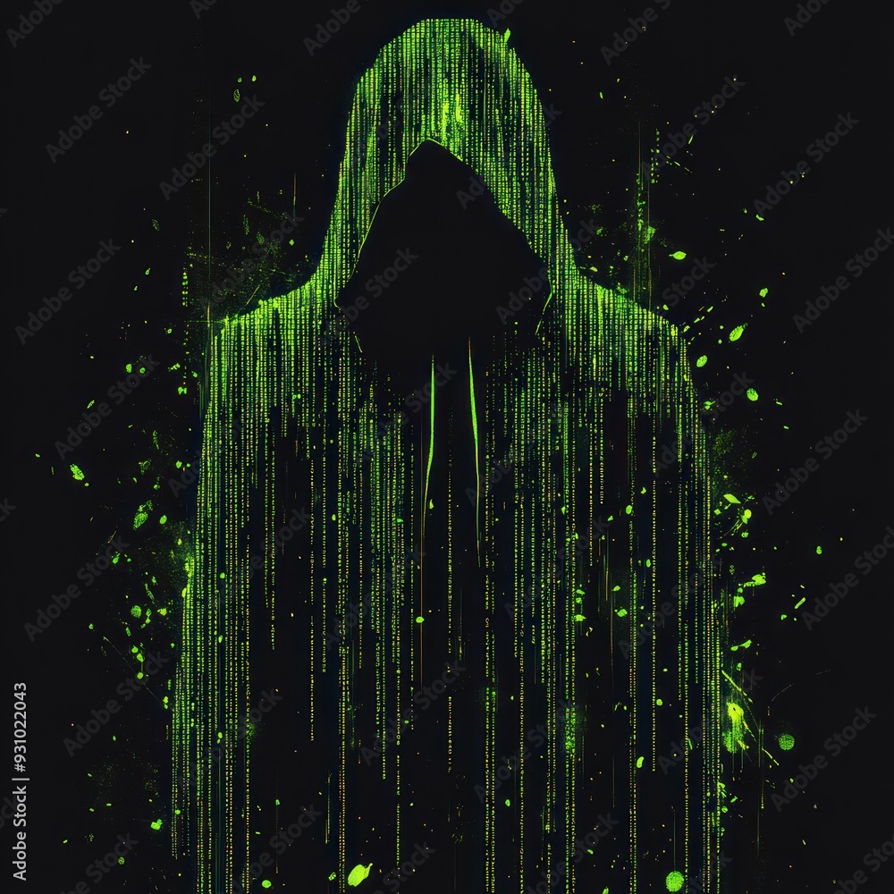 Poster shadowy figure in a hooded jacket standing against a backdrop of digital data code