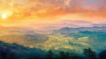 A breathtaking sunset over rolling hills, showcasing vibrant colors and serene landscapes, perfect for nature lovers and artists.