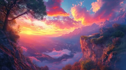 Fototapeta premium A stunning landscape showcasing vibrant sunset colors over mountains and valleys, invoking calm and serenity in nature's beauty.