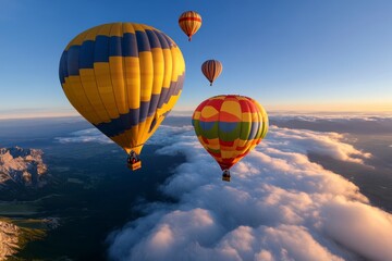Fototapeta premium Hot Air Balloons Over Clouds, Colorful balloons floating above cloud layers, Serene Adventure.